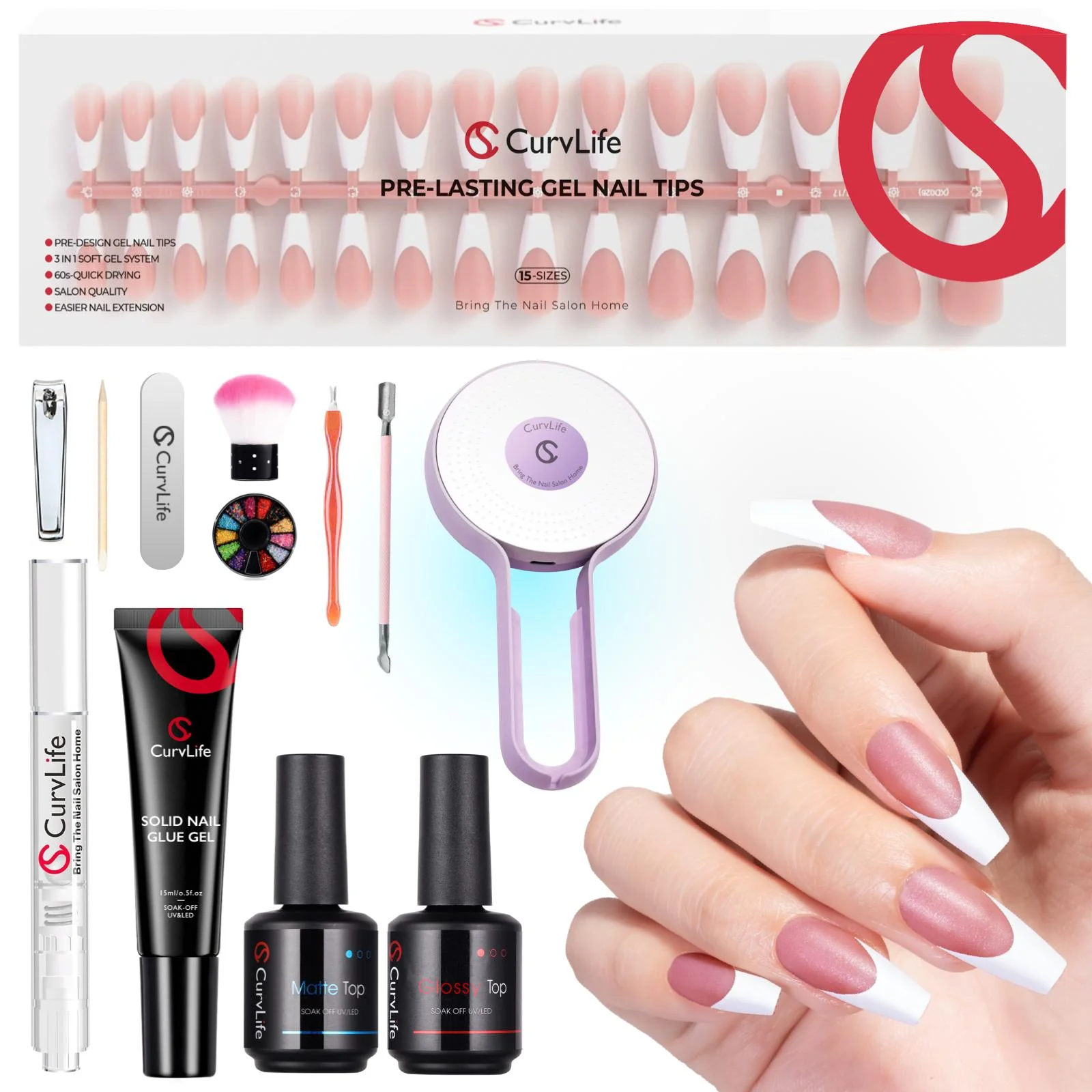 French Tips Kit ¨C 150pcs CurvLife X-Pro Soft Gel Tips with Pre-Applied Primer, Matte & Glossy Top Coat, Solid Nail Glue Gel, UV LED Lamp, Nail File, Brush & Tools ZT-026-03-Kit