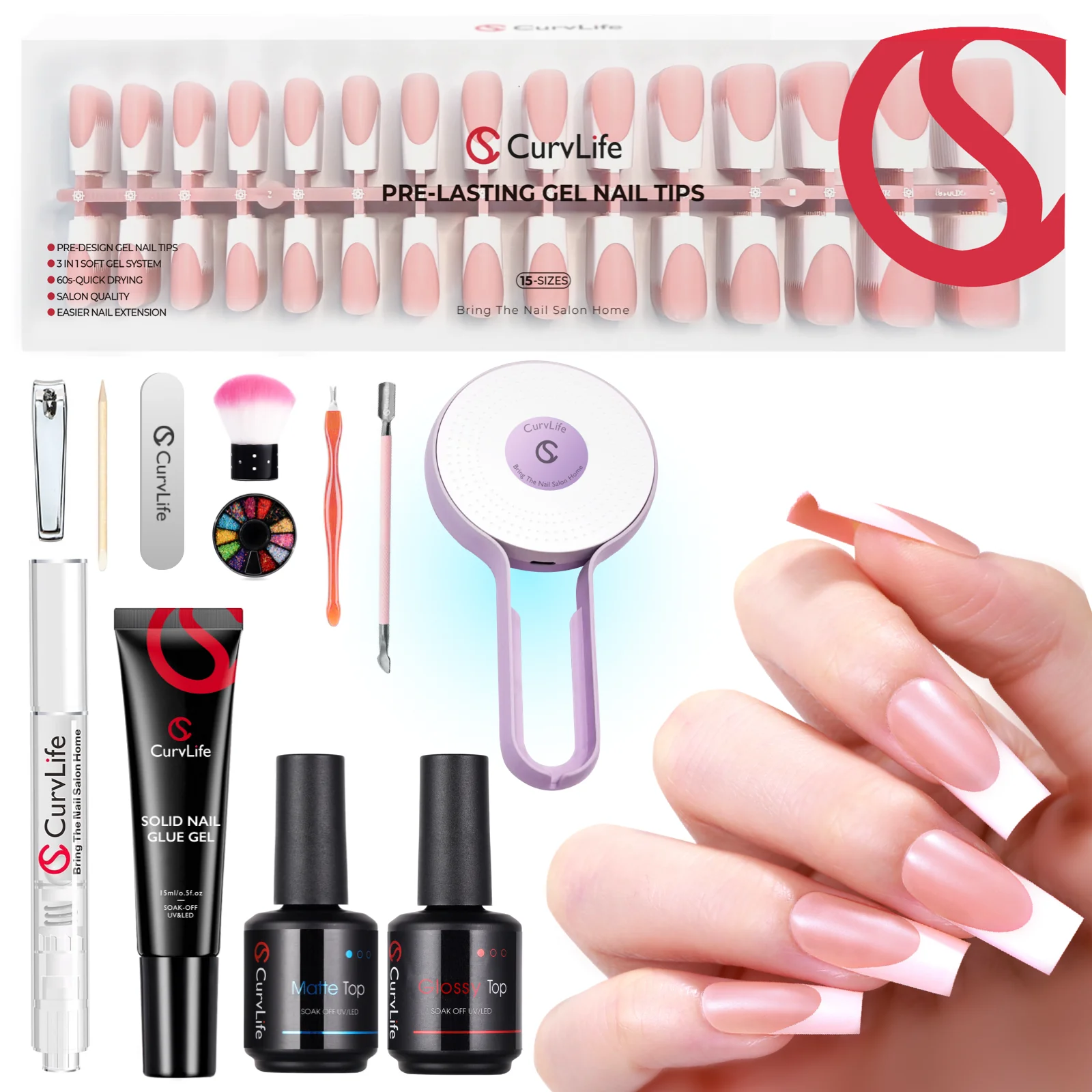 French Tips Kit ¨C 150pcs CurvLife X-Pro Soft Gel Tips with Pre-Applied Primer, Matte & Glossy Top Coat, Solid Nail Glue Gel, UV LED Lamp, Nail File, Brush & Tools ZXR-034-03-Kit