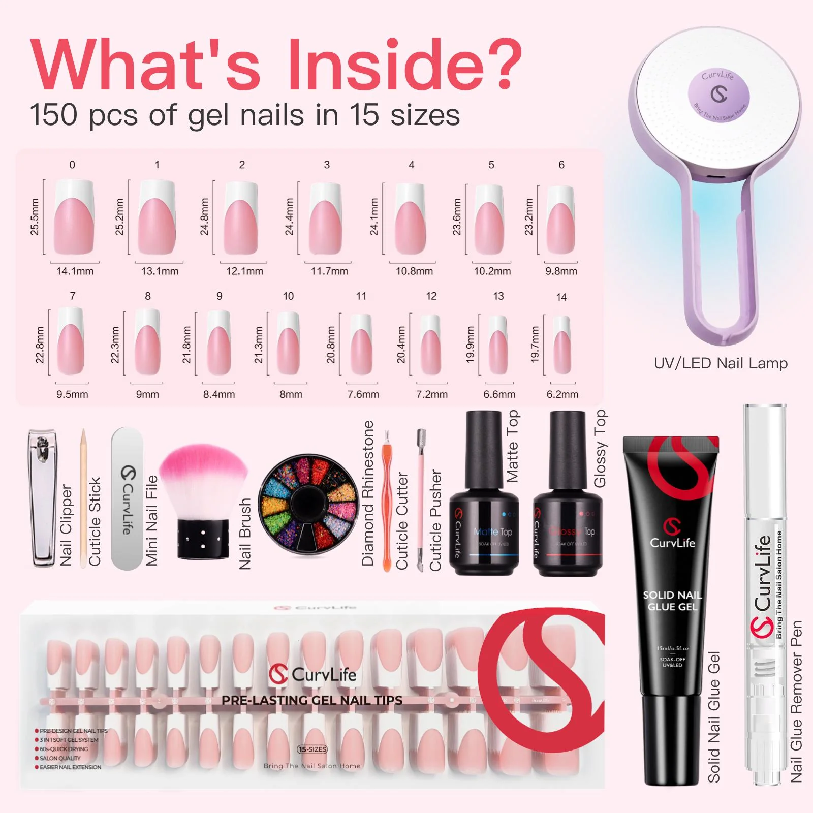 French Tips Kit ¨C 150pcs CurvLife X-Pro Soft Gel Tips with Pre-Applied Primer, Matte & Glossy Top Coat, Solid Nail Glue Gel, UV LED Lamp, Nail File, Brush & Tools ZT-026-03-Kit - Image 5